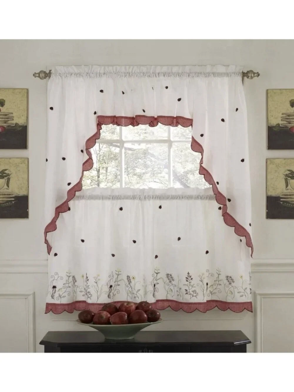 Lorraine Ladybug Meadow Swag Valance & Panels Curtain Red Gingham Cottagecore